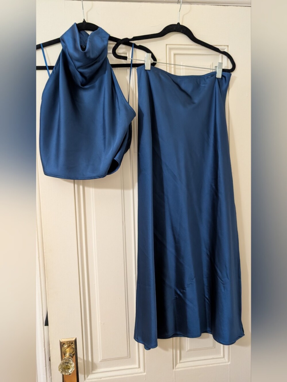 SET: Satin Midi Skirt + Halter in Deep Blue